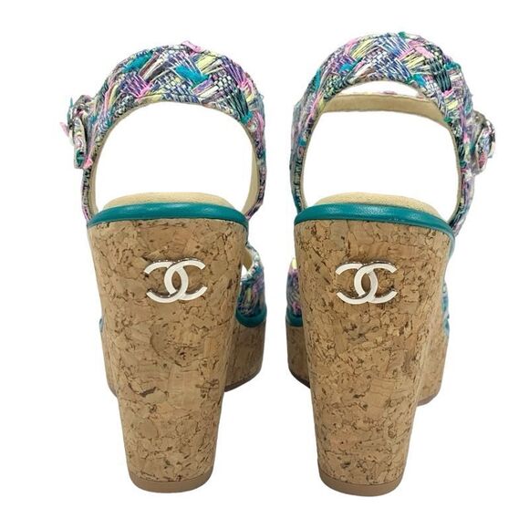 Chanel Sandals Shoes Tweed Cork Multicolor Unused CC Coco Mark - Picture 5 of 10